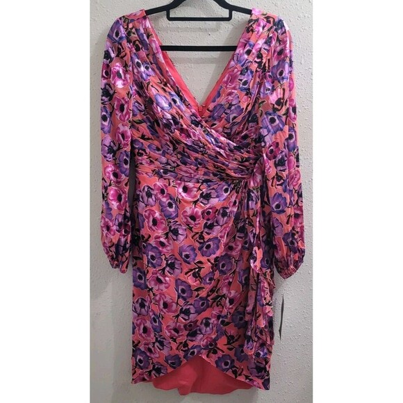Theia Monika Draped Burn Out Satin Cocktail Tulip Faux Wrap Dress Size 4 NEW